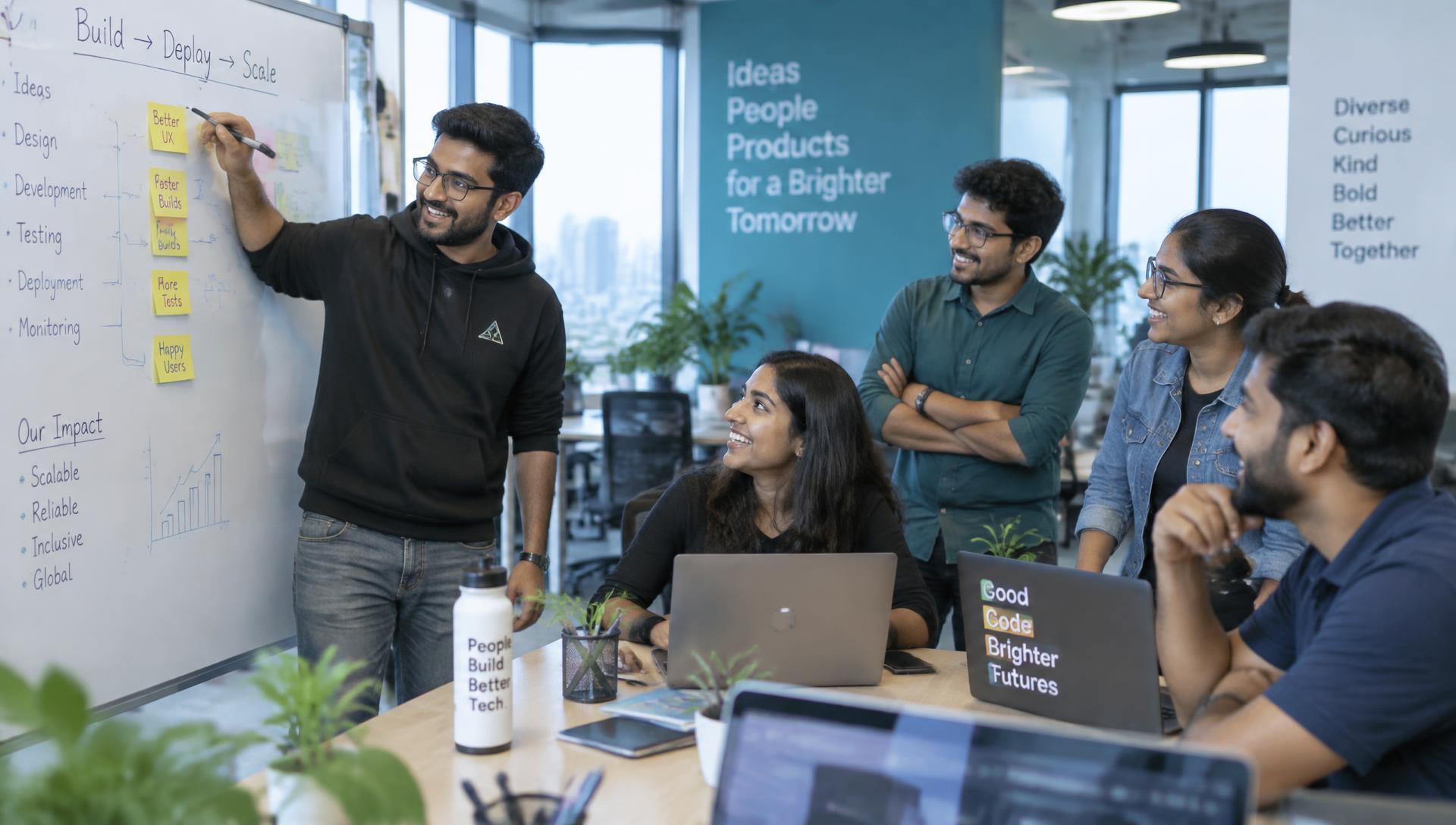 Engineers planning a project at a whiteboard